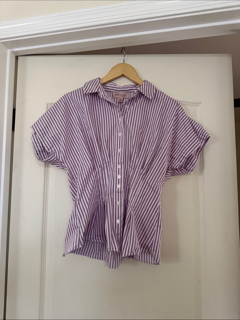 Philosophy Lavender and White Vertical Stripe Short-Sleeve Button-Down